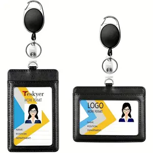 2pcs Easy Pull ID Buckle Card Holder - Expandable Double-Sided Multi-Slot Name Tag Sleeve with Retractable Reel, Badge Reels Retractable, Professional for Office & Events, Office Supplies, Durable Badge Holder, ID Holder for Office