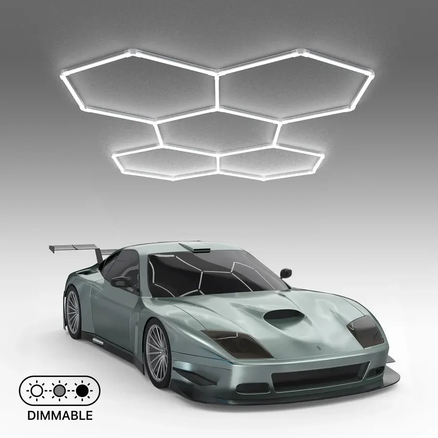 HYPERLITE hexagon LED lights, offering  9900/15840/30360/38280/60720 LM hexagon lights brightness garage detailing, gyms, and shops Honeycomb Lights, with 3-level dimming control led hexagon lights,Dimmable Lighting，BackToSchool