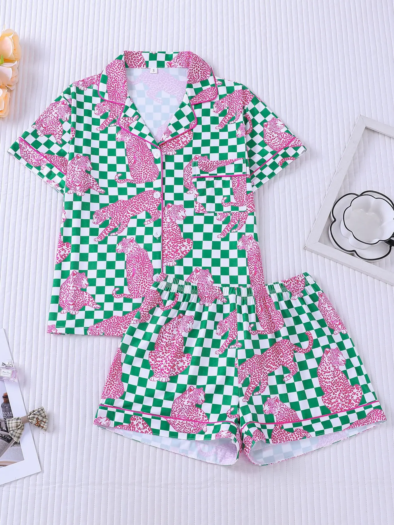 Women's 2-Piece Green & White Checkerboard Pink Leopard Print Pajama Set, Sweet & Cool Loungewear with Pink Piping, Short Sleeve Lapel Top with Small Pocket & Elastic Waist Shorts, Soft Comfy All-Season Casual Sleepwear