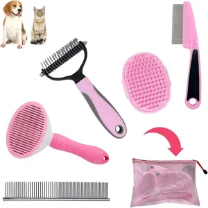 Dog Grooming Kit - Deshedding Brush for Short Hair, Slicker Brush, Flea Comb, Puppy Brush Set in Pink Dog Grooming Kit - Deshedding Brush for Short Hair, Slicker Brush, Flea Comb, Puppy Brush Set in Pink