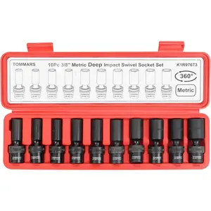 3/8" Drive Universal Swivel Impact Socket Set Deep, 6 Point Wobble Flexible Socket Set Metric 10-19 mm CR-MO Steel