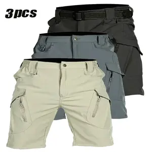 [3pcs Quick-Dry Shorts] 3pcs Men's Tactical Shorts | Lightweight Breathable Elastic Waist Outdoor with Multiple Pockets Olive Green, Beige & Black for Hiking, Running, Training Casual Wear