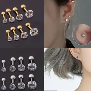 earrings  lovers 3 Pairs/Set Stainless Steel Plated with 18K Golden Four-Claw Twist Ball Round Zirconia Stud Earrings