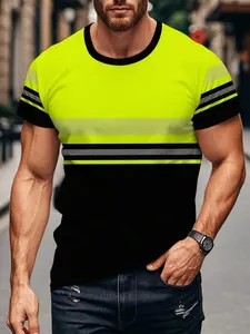 Men's Short Sleeve 3D T-Shirt, Summer Fashion Lightweight Tee, Color Block Print, Casual Slim Fit, Breathable Round Neck Top