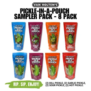 Van Holten's Pickle-In-A-Pouch Sampler Pack - 8 Pack of Flavorful Pickle Snacks - Big Papa, Garlic Joe, Sour Sis, Hot Mama, Dill, Garlic, Sour, Hot - Convenient Pouches for Anytime Snacking Tangy
