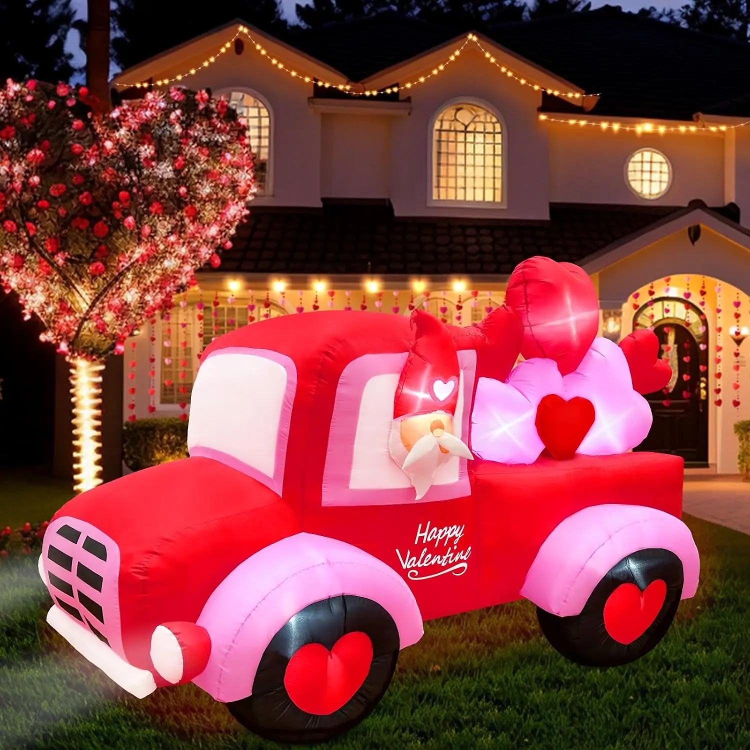 8FT Valentines Day Inflatables Outdoor Decorations, Lovely Gnome Drives a Car with Build-in LED Lights, Gnome Valentines Day Decor Blow Up Yard Decorations for Party Lawn Sweet Valentines Gift