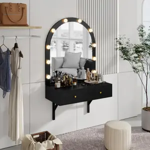 (High end and high-quality)Floating Makeup Vanity Desk with Mirror & 3-Color Lights, Wall Dressing Table with Power Outlet, Compact vanity, Large Storage, Black vanity  without  let vanity  with  chair