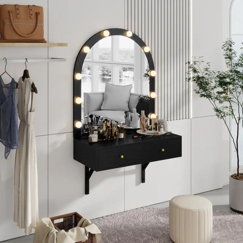 (High end and high-quality)Floating Makeup Vanity Desk with Mirror & 3-Color Lights, Wall Dressing Table with Power Outlet, Compact vanity, Large Storage, Black vanity  without  let
