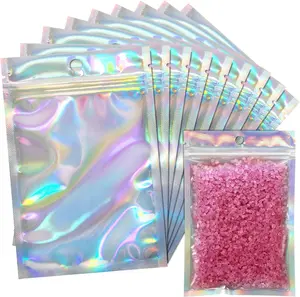 100 Pack Plastic Resealable Holographic Mylar Bags, Iridescent Clear Front Smell-Proof Foil Packaging Pouches, Multipurpose Storage Bags for Small Business, Lip Gloss