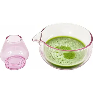 Matcha Bowl with Spout, Matcha Whisk Holder, Glass Exquisite Matcha Set for Tea Ceremony (Pink)