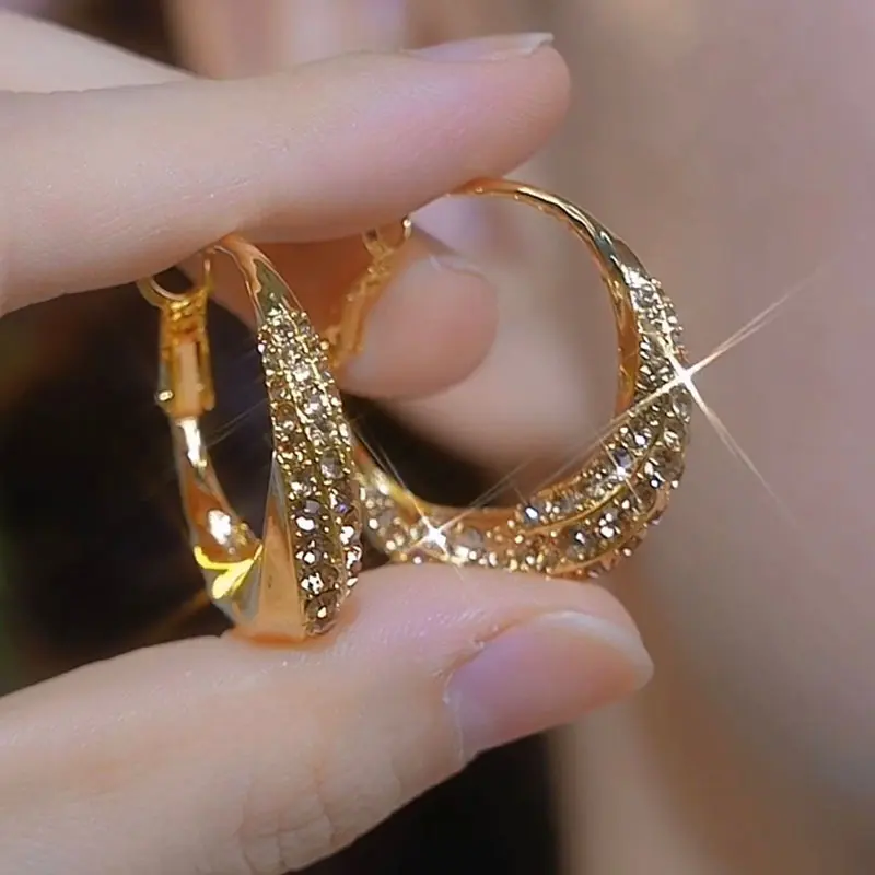 Trendy Jewelry Fashionable Jewelry Accessories, 2026 New Gold-Rhinestone Inlaid Hoops Shape Earrings, Versatile Statement Pin Earrings (E50007-EH), Rhinestone Hoop Earrings