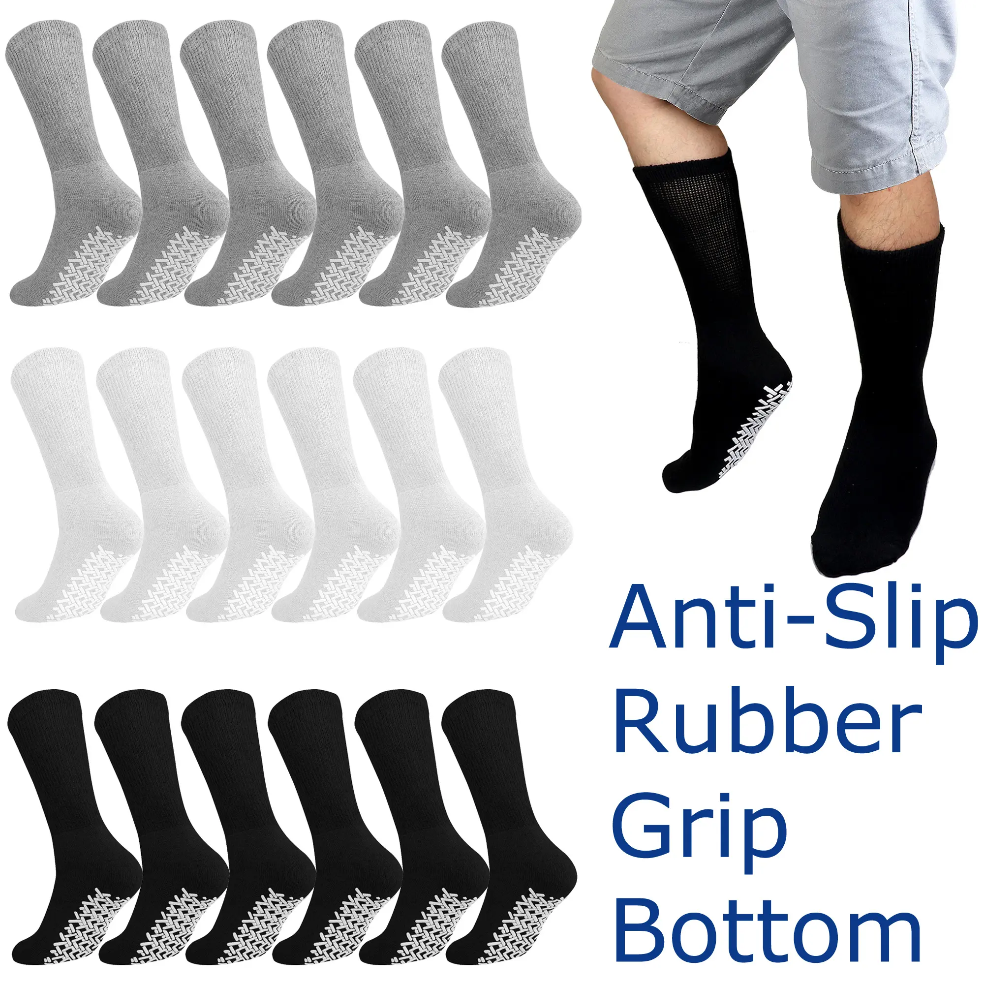 Falari 6-pack Men Women Anti Slip Grip Non Skid Crew Cotton Diabetic Socks For Home Hospital
