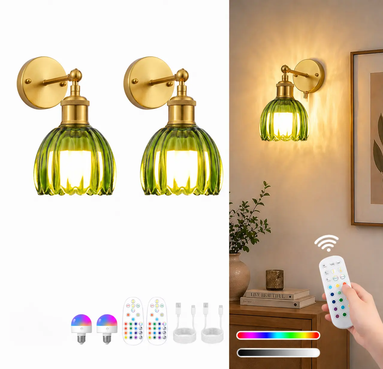 2-Pack Wireless Easy to Install Cute Wall Light with Remote Control Battery-Powered, E26 Base, 300 Lumens, 3 Color Temperatures (3000K/4500K/6000K) - Ideal for Living Room, Bedroom, Office, Dining Room, and Hallway