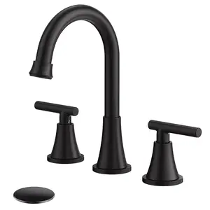 Senlesen Bathroom Faucets 3 Hole, Matte Black Bathroom Sink Faucet 3 Hole Vanity with 360° Swivel Spout, Suitable for 8 Inch Widespread Sink with Pop-up Drain and Supply Line