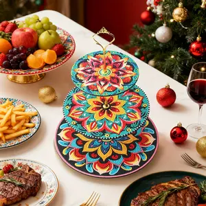 Home Decor Tray Diamond Painting Mandala Three-Tier Cake Dessert Display Stand 9.6x13in for Holiday Party Table Decor Suitable for Birthday Wedding Halloween Christmas Non-Food Contact