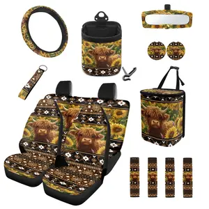 Western Car Seat Cover Set Cow Print Auto Accessories with Steering Wheel Cover, Seat Belt Pads, Cup Coasters, Trash Bag, Air Vent Storage Bag, Rearview Mirror Cover, and Keychain for Cars, SUVs, Trucks, and Vans | African| Independence Day