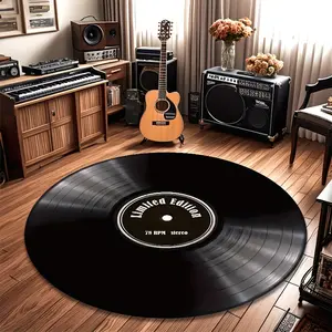 PAUSEBOLL Vintage Record Flannel Vintage Record Carpet - Lightweight, Non-Slip, Machine Washable - Round Mat with "Limited Edition 78 RPM Stereo" Design - Ideal for Living Room, Bedroom, Bathroom, Office Decor
