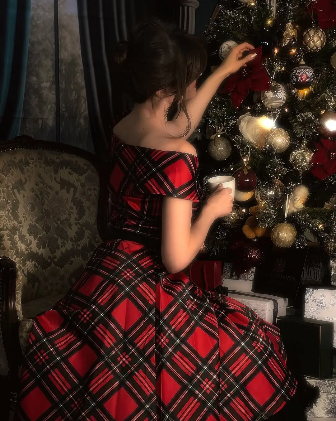 RETRO STAGE Women's Retro 1950s Plaid Off-Shoulder Christmas Party Dress with Back Zipper, Knee-Length Polyester, Ready to Wear S/M/L