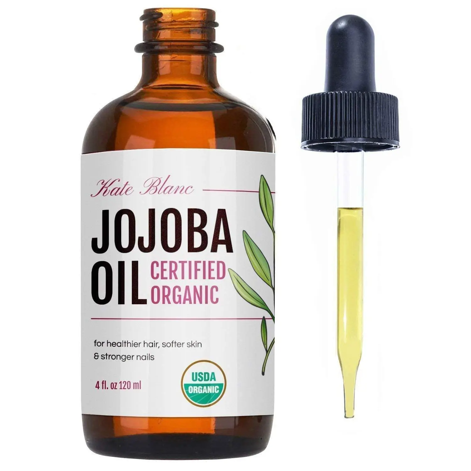 Kate Blanc Cosmetics 100% Pure Organic Jojoba Oil for Hair, Face & Skin — Cold Pressed Unrefined Moisturizer for Dry Skin, Nails, Cuticles & Scalp | USDA Certified | Carrier Oil for Essential Oils (4oz)