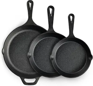 Cast Iron Skillet 3-Piece Set, Heavy-Duty Professional Restaurant Chef Quality Pre-Seasoned Pan Cookware Set, 6", 8", 10" Pans For Frying, Saute, Cooking, Use Indoor/Outdoor, Oven, Grill