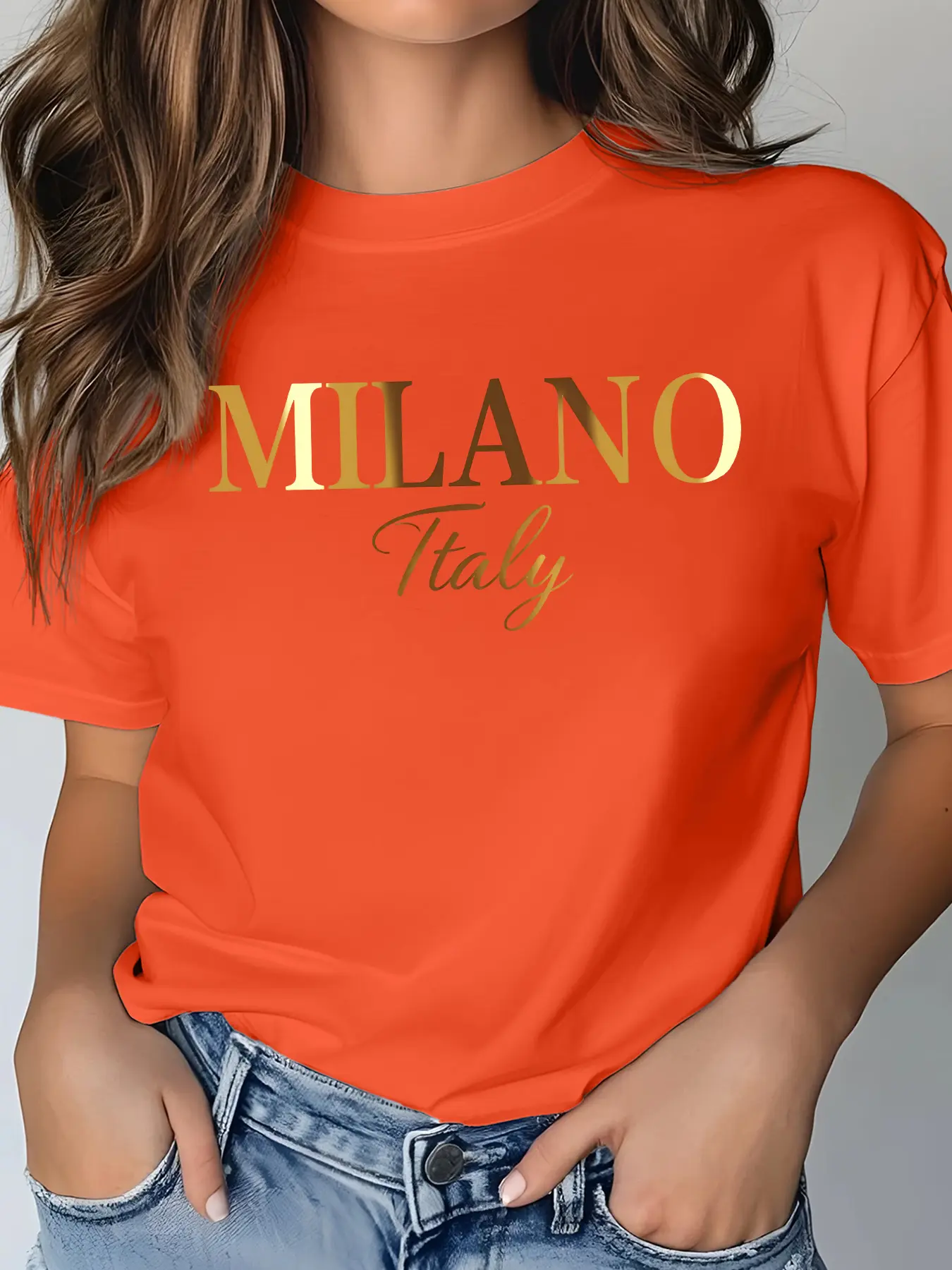 Women's Casual Short Sleeve Crew Neck T-Shirt, Milano Italy Gold Foil Letter Print, Multiple Colors, Machine Washable, Spring & Summer Top, Soft Skin-Friendly Fabric, Daily Wear, Fashion Design