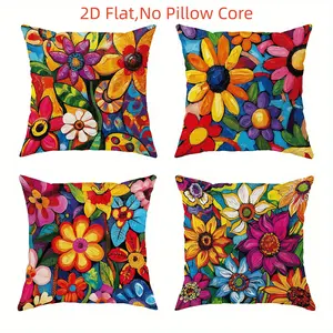 4pcs-Bohemian Themed Throw Pillow Covers, Bohemian Floral Pattern in Yellow, Pink and Blue, Perfect for Living Room, Sofa, Bed, Bedroom and Various Scene Decorations, 2D Flat, Single Sided Printing, No Pillow Core