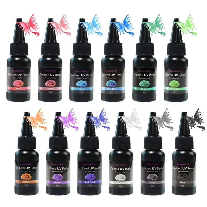 12 Color Shimmering Pearlescent UV Resin Set 30g Bottles - 360g Total High Hardness 86D UV Curing Resin for DIY Jewelry Pendants and Crafts - Non-Yellowing & Low Odor