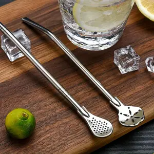 2pcs Stainless Steel Dual-Purpose Straw Spoon - Extended, Metal Drinking Straws For Milk Tea Stirring & Filtering