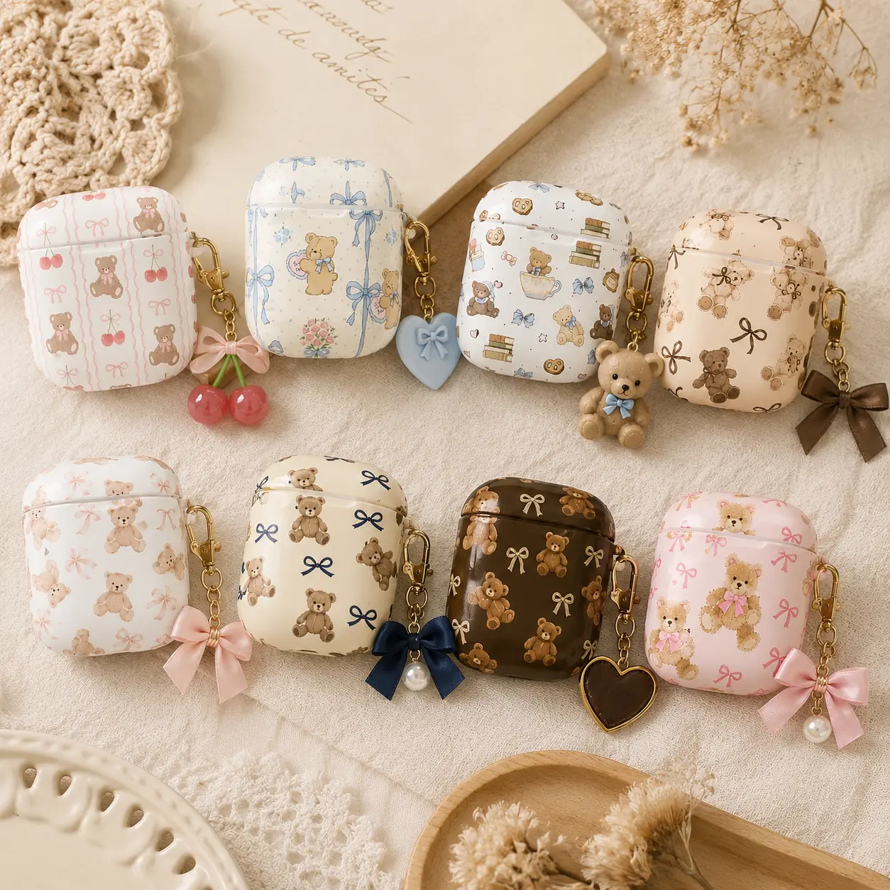 NO KEYCHAIN Cute Bear AirPods Case, Coquette Bow AirPods Gen 1 2 3 Pro Case, Kawaii Protective Cover, Aesthetic Polycarbonate Case
