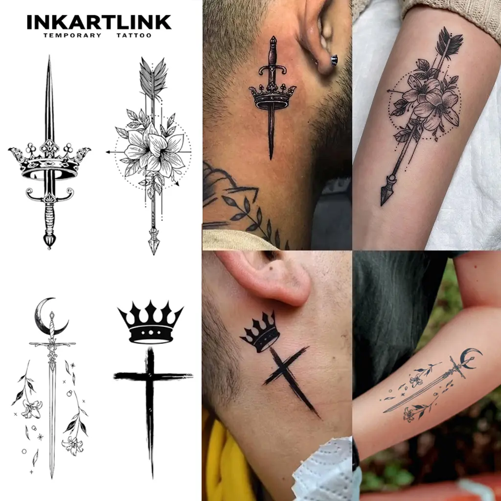 INKARTLINK Tattoo Tech,Sword Series, 2 Sheets Medium Semi Permanent Tattoo, Adult Art Design Temporary Tattoos, Lasts 1-2 Weeks, Waterproof, Realistic Look, No Adhesive, No Reflection For Man Women Arm Leg Hand Back Body (Crowned Swords Design)