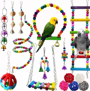 Bird Parrot Swing Chewing  Set 15 count Wooden  Bell with Hammock Climbing Ladders Colorful Pet Birds Cage Toys for Small Parakeet Cockatiel Finches Conures Budgie Macaws Love Birds