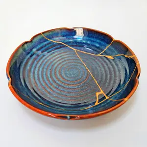 Handcrafted Cosmic Blue Lotus Drop Kintsugi Ceramic Dish ( 17.5 x 5 cm ), Gifts For Wife, Gifts For Father and Mother, Gifts For Family