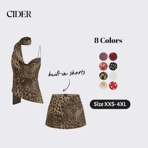 Cider Leopard Print Cami Top & Mini Skort Set with Scarf – Women's Sexy Y2K Party Holiday Two Piece Outfit, Cowl Neck Ruched Slim Fit Matching Set for Summer Night Out