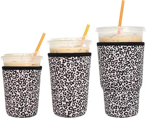 3 Pack  Iced Coffee Sleeves -  Insulator for Cold Beverages, Neoprene Cup Holder for /Dunkin Coffee, More (Leopard print)