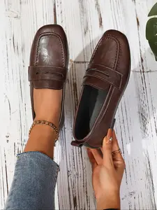 Loafers Casual Shoes Leather Material Dress Loafers Classic Style Simple Square Toe Design Suitable for Office Women Daily Wear Pair with Pants Skirts