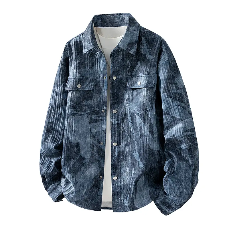 Men's Lapel Collar Long Sleeve Button Front Shirt Jacket Abstract Camo Printed Dual Chest Snap Flap Pockets Loose Relaxed Fit Outerwear For Daily City Walks Weekend Hangouts And Street Style Occasions Vertical Textured Lightweight Overshirt Jacket For, To