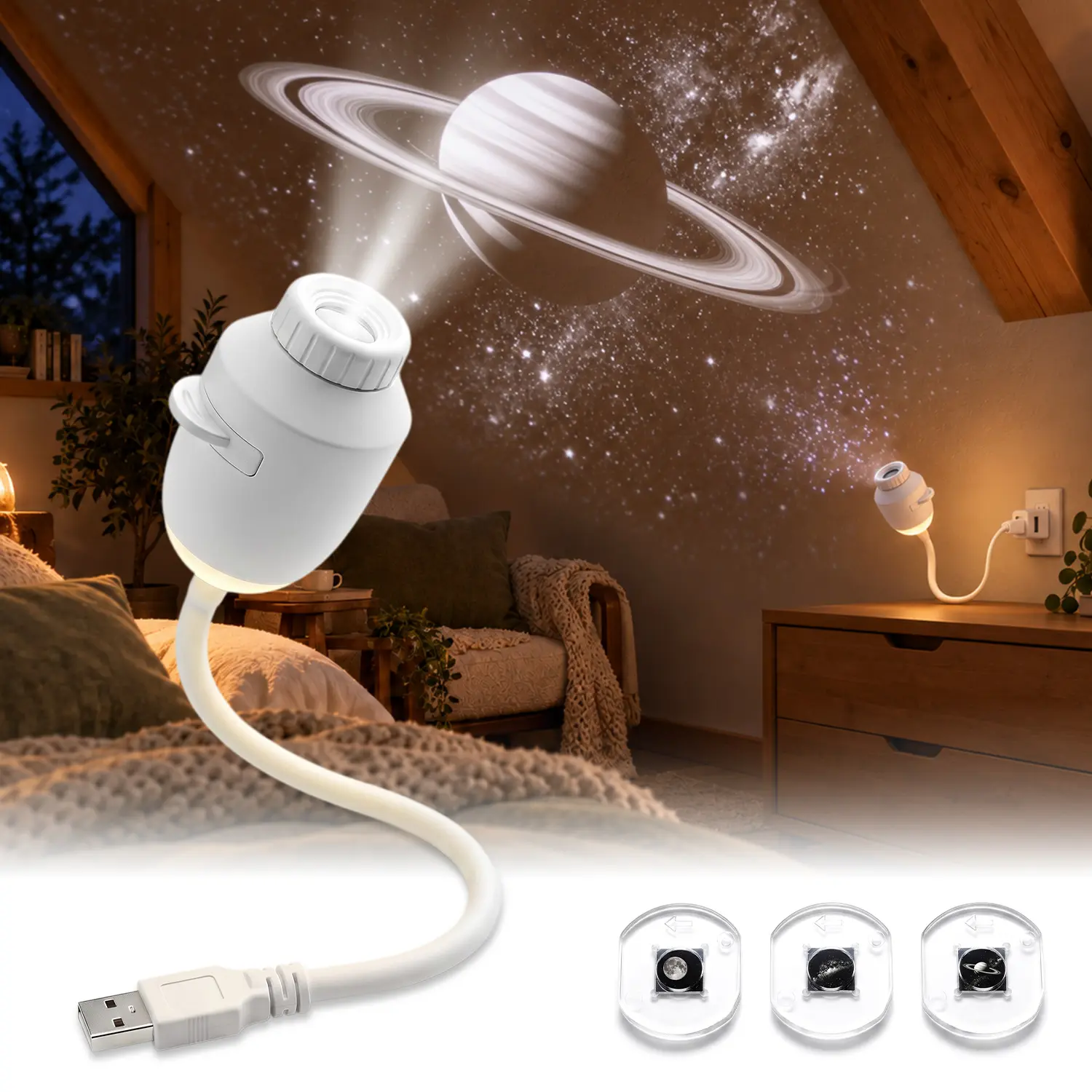 Galaxy Projection Lamp and Night Light, USB-Powered Starry Sky Projector with 3 Accessories for Bedroom Ceilings, Hallways, Living Rooms, Parties and Holiday Decor