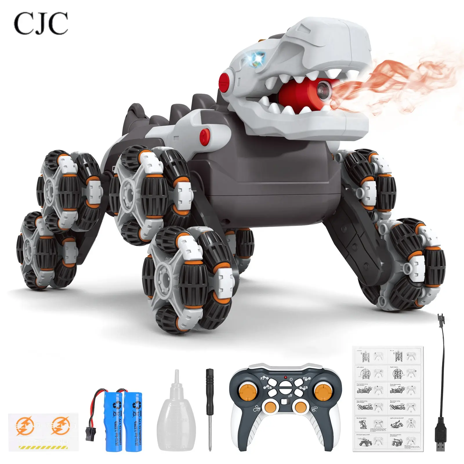 CJC 8WD Dinosaur Remote Control Truck - 2.4Ghz RC Stunt Car with 360° Rotation, Spraying Lights, Bass EDM Music, Drift Skid Marks, Includes Remote, Unisex Kids' Summer Birthday Gift Toy, Cars