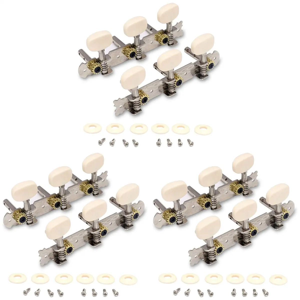 3X Gold-Plated Vintage Guitar Tuning Pegs - 3L/3R 3 Triple Right Head, Single Hole Setup, Steel Body, 18 Washer, Tuner for Acoustic & Classical Instruments
