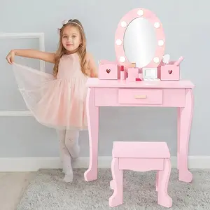 Kids' Vanity Set with Mirror and Light, Makeup Table and Stool for Girls, Vanity Table and Chair Set with Wood Makeup Playset for 4-9 Girls