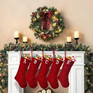 Knitted Christmas Stocking with Embroidered Initial Letter, Large Santa Claus Design, Fireplace Hanging Sock for Holiday Decorations