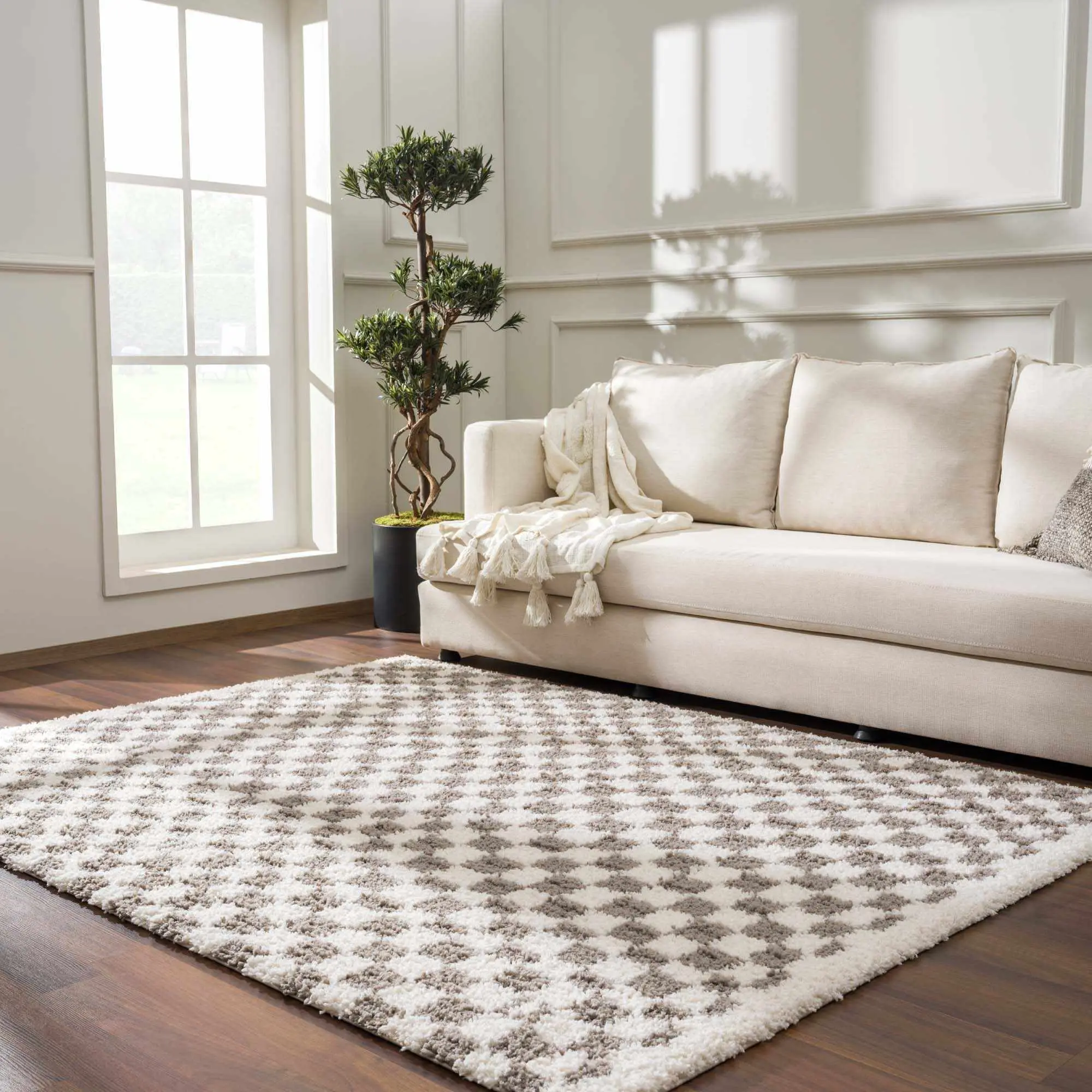 Kieu Taupe Checkered Geometric Pattern Area Rug, Stylish Household Textile for Living Room Bedroom Decor, Geometric Pattern Rug
