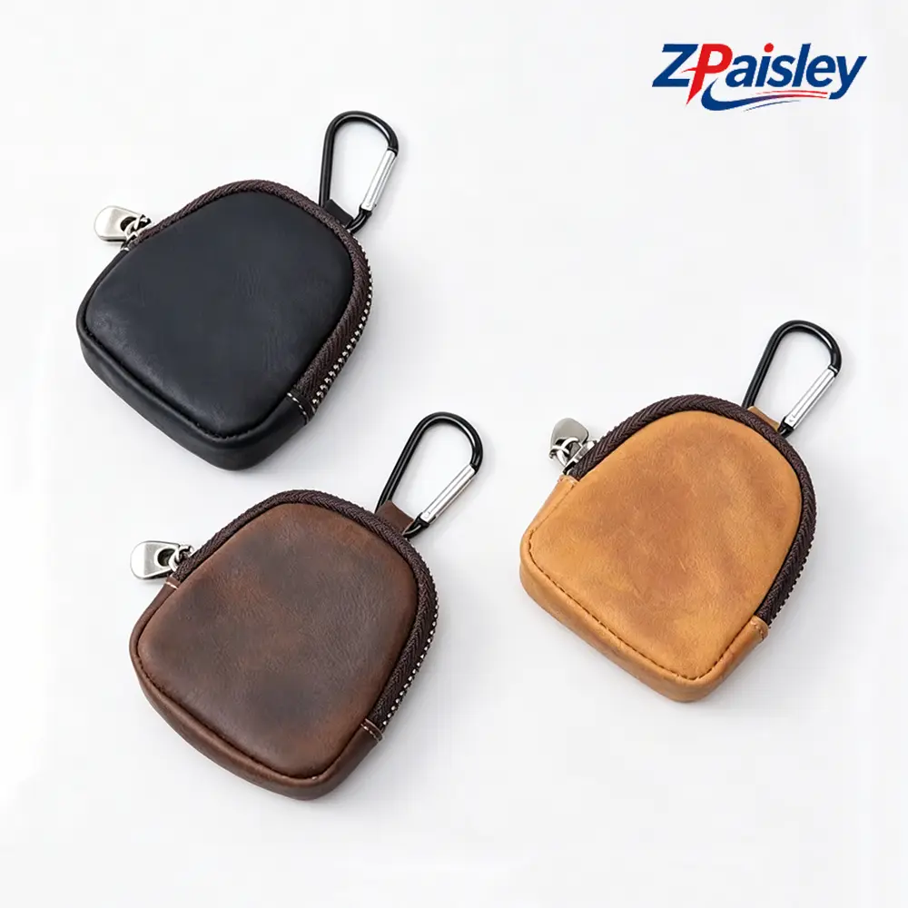 1Pc Genuine Leather Mini Pouch with Carabiner Clip & Zipper - No Buttons EDC Coin Purse, Headphone Case for AirPods, Portable Organizer for Keys, Coins - Sports & Outdoor Everyday Carry Accessory