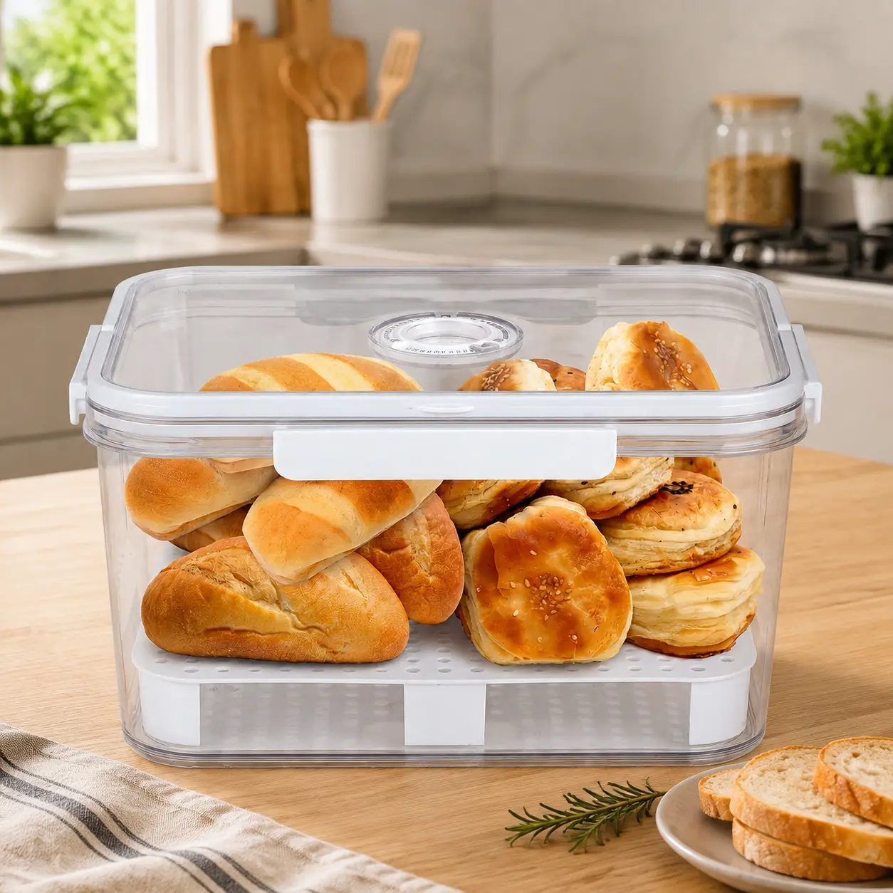BPA-Free Food-Grade Plastic Bread Storage Bin - Kitchen Countertop Container with Lid, Date Tracker, Portable Handle for Easy Table Trips, Detachable Drain Tray, Spacesaving Box for Homemade Bread/Toast, Back to School Haul, Carry to Picnics