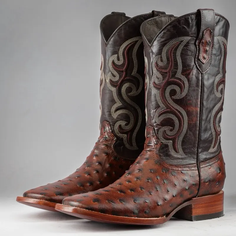 Cognac Ostrich Leather Boots - Square Toe