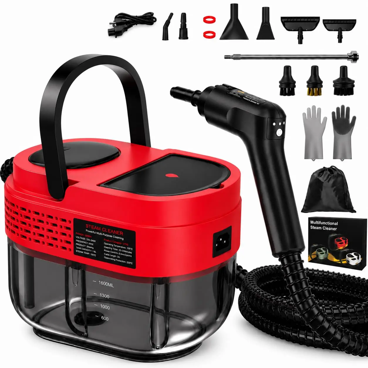 Handheld Steam Cleaner for Home, 1500W High Pressure Steam Cleaner for Car Detailing, 3 Steam Levels, 1600Ml Tank, High Heat Steamer for Bed Bugs, Couch, Furniture, Kitchen, Bathroom, Floors