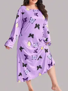 Plus Size Women's Butterfly Print Long Sleeve Nightdress, Loose Casual Comfy Round Neck Nightgown for Women, Women's Sleepwear for All Seasons Nightdress Pj, Nightwear Slit Chemise