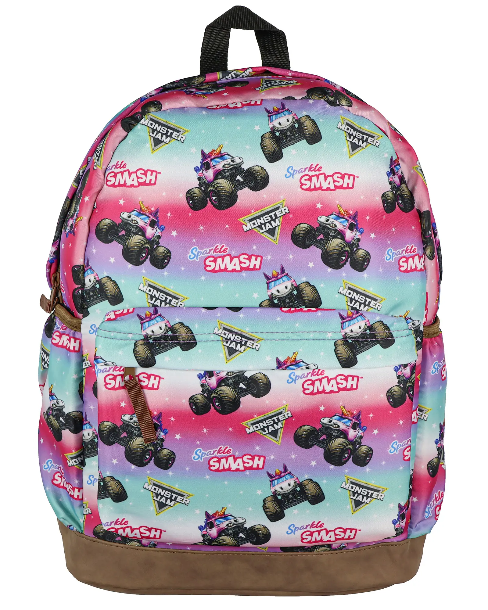Monster Jam Backpack Sparkle Smash All Over Design 16" Book Bag Tech Sleeve Adjustable Shoulder Straps