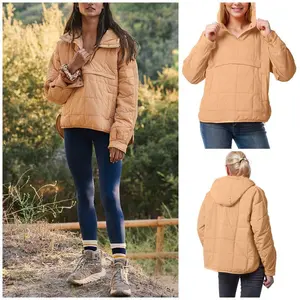 2025 Oversized Hooded Puffer Jacket Quilted Lightweight Winter Warm Pullover Padded Hoodies Coat Pocket Womenswear Tops Outerwear Comfort Casual Long Sleeve Fitted Basic Collar Minimalist Orange