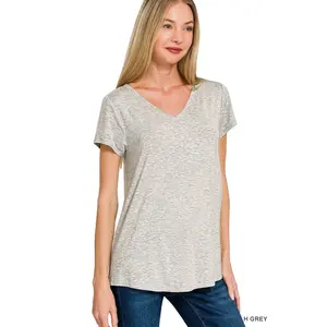 Women's Rayon V-Neck Top Short Sleeve Round Hem S–XL Heather Grey Essential Everyday Top for All-Day Comfort - Womenswear